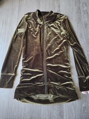Snoskins Olive Bronze Velvet Zip Jacket NWT Made USA Mock Neck Stretch Artsy S